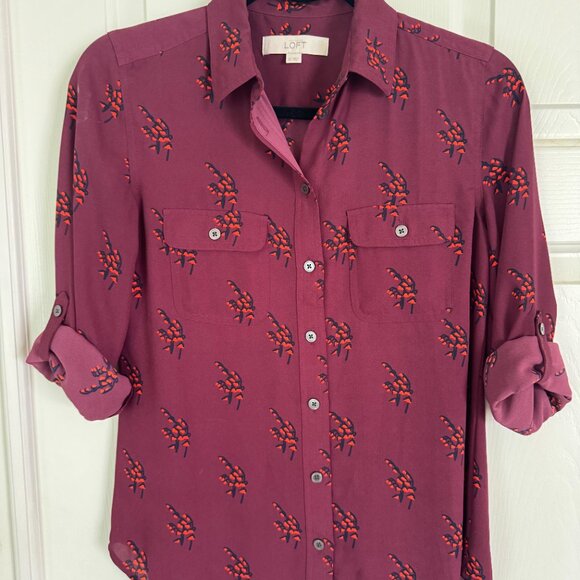 Loft Maroon Print Long Sleeve Utility Button Shirt - Picture 2 of 4